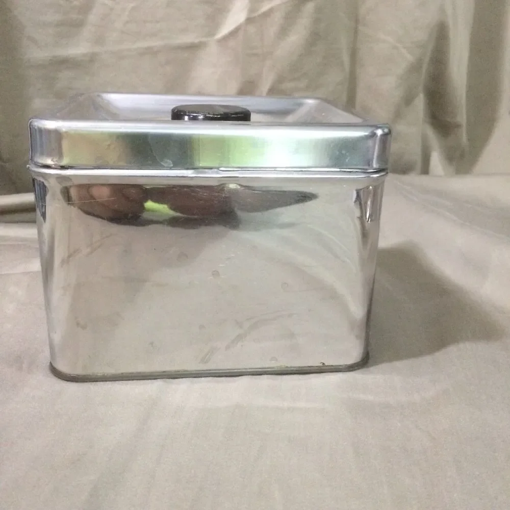 Vintage Kreamer Ware Chrome TEA Canister 1950s MCM Metal Kitchen Tin Black Knob